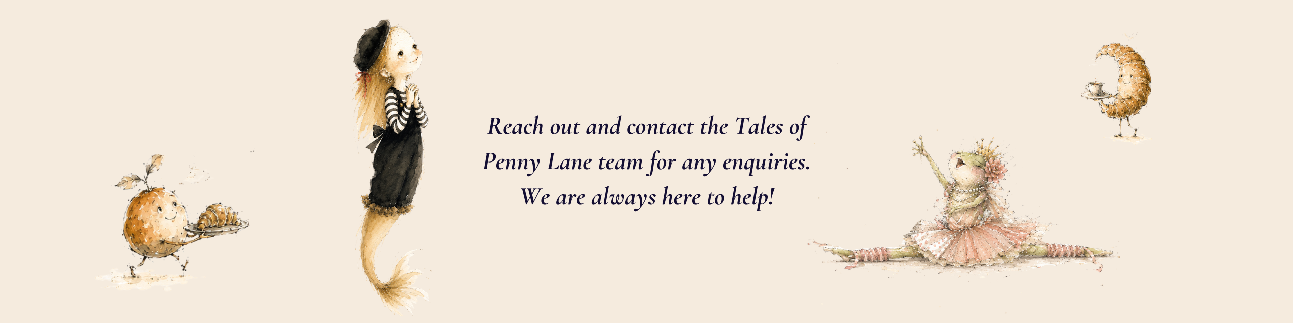 Penny Lane characters surrounding a message inviting visitors to contact the Tales of Penny Lane team